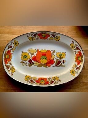 Floral Sanko Enamel Tray/ Enamel Serving Tray/Vintage Ovenware/Retro Kitchen 70s
